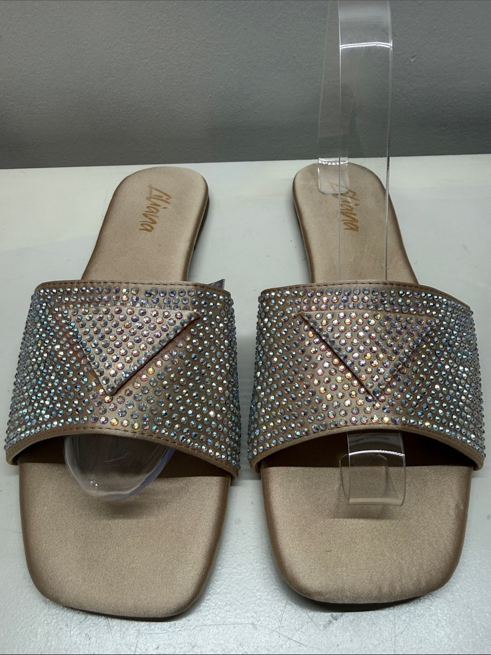 Liliana Champagne Slide Sandals with Iridescent Crystal Accents